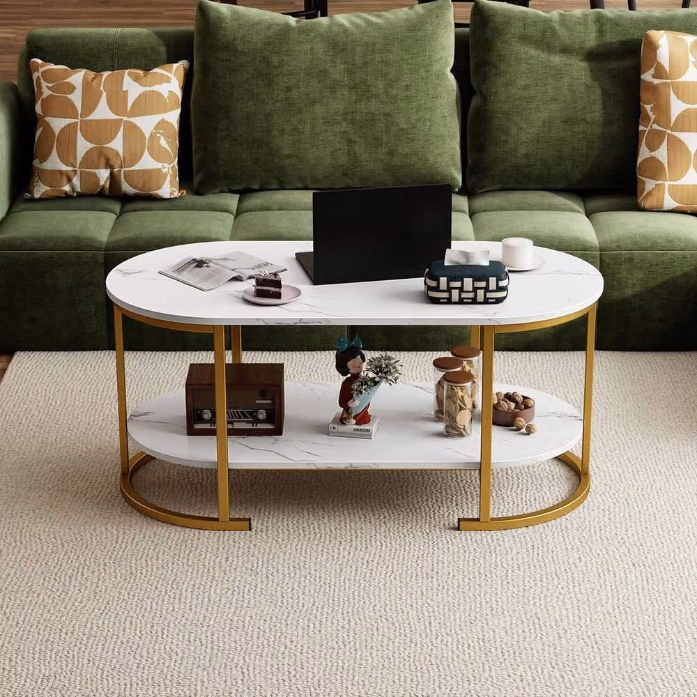 FORGEVIO Modern 2-Tier Living Room Centre Table with White Faux Marble Oval Top and Metal Sled Base – 4