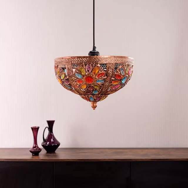 ValueLights Samia Moroccan Style Bronze Ceiling Light Shade with Multicolour Jewels, Diameter: 33 cm – 2