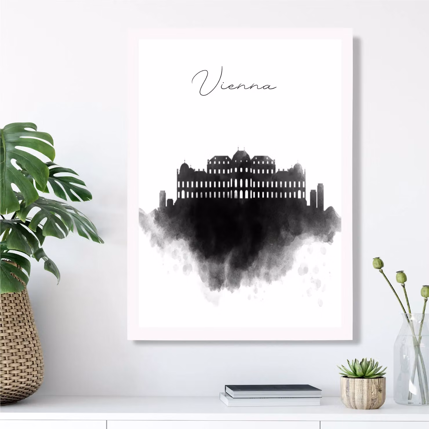 ARTZE Vienna Watercolour Skyline City Framed Print, Black and White, A2 – 2