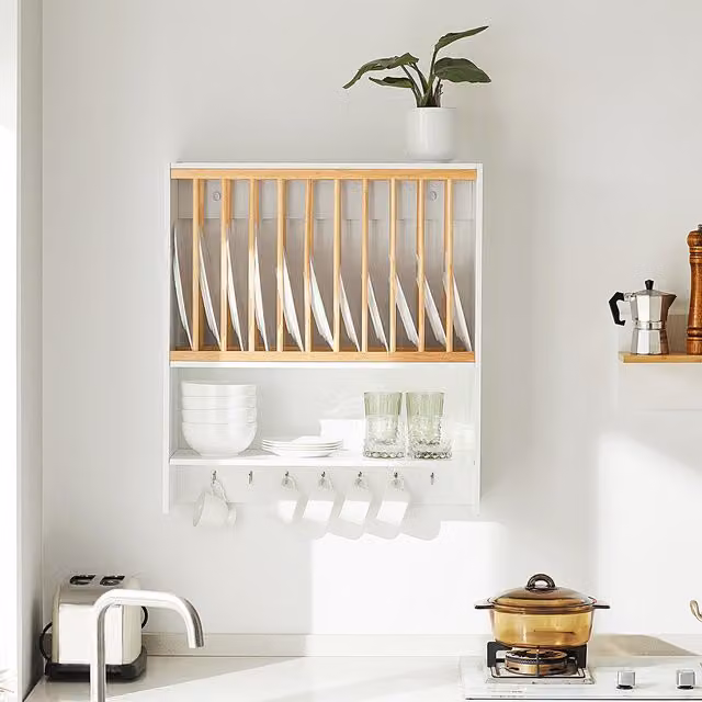 SoBuy White Wall Mounted Minimalist Kitchen Plate and Cup Rack with Back Panel