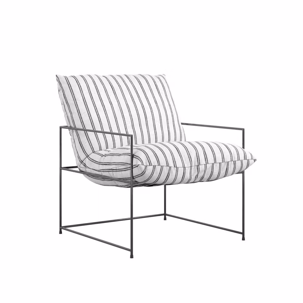 Wyld Haus Drogheda Stripe White Fabric Accent Chair with Matt Black Metal Frame – 2