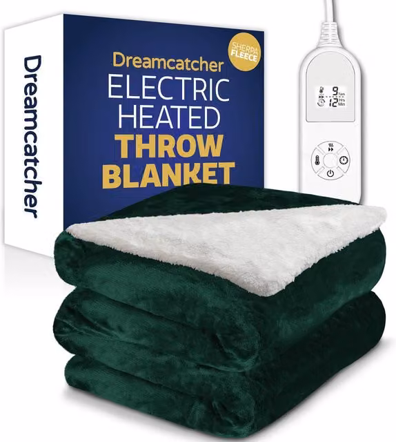 Dreamcatcher Deluxe Electric Heated Double Throw Blanket in Green with Soft Sherpa Micro Fleece and Variable Heat and Timer Settings