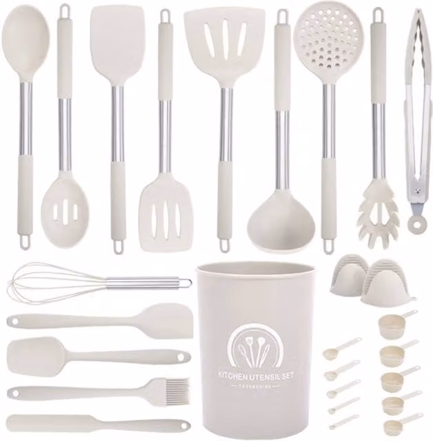 Living and Home 27-Piece Silicone Kitchen Utensil and Cookware Set in Beige