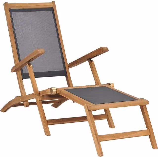 Berkfield Home Deck Chair with Footrest in Black Solid Teak Wood and Textilene