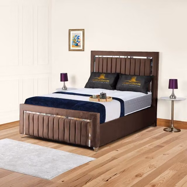 UK Bed Furniture Brown Upholstered Gas Lift Storage Bed with 48-inch Headboard, Size: Double (140 x 200 cm)