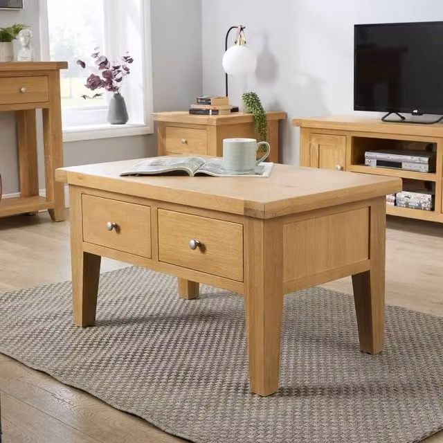 Home Source Melbourne Solid Wood 2 Drawer Coffee Table in Light Oak, W: 90 cm, D: 55 cm, H: 50 cm