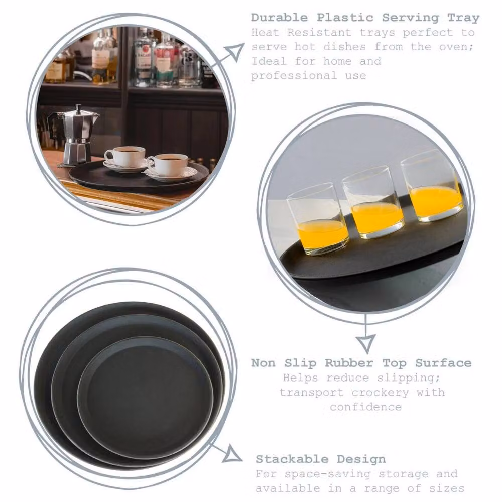 Kelvenix Round Non-Slip Rubber Textured Serving Tray, Black, Diameter: 28 cm – 3
