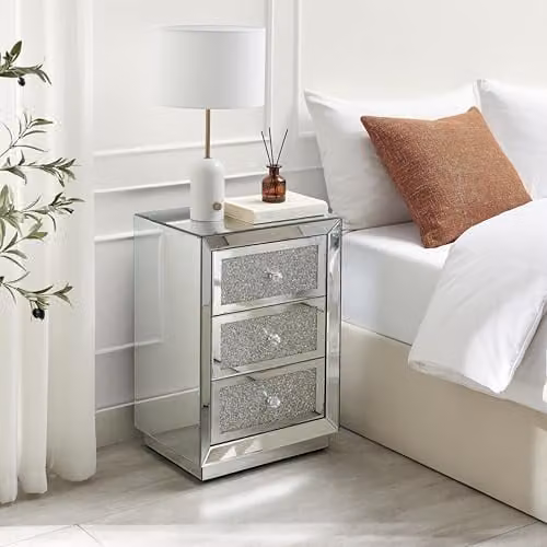 FurnitureboxUK Stella Crushed Diamond Mirrored 3 Drawer Bedside Table in Silver/Grey, W/D/H: 35.1 x 45.5 x 66.0 cm – 1