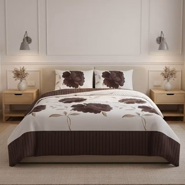 Snug City Reversible Floral Duvet Set and Pillowcase in Brown, W: 140 cm, L: 200 cm