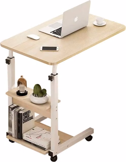 Livingandhome Height Adjustable Mobile Overbed Computer Desk in White and Wood Finish