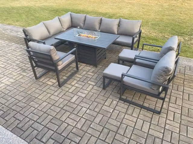 Fimous Aluminium Outdoor Garden Furniture Set with Corner Sofa, Gas Fire Pit Dining Table, 3 Chairs and 2 Footstools in Dark Grey