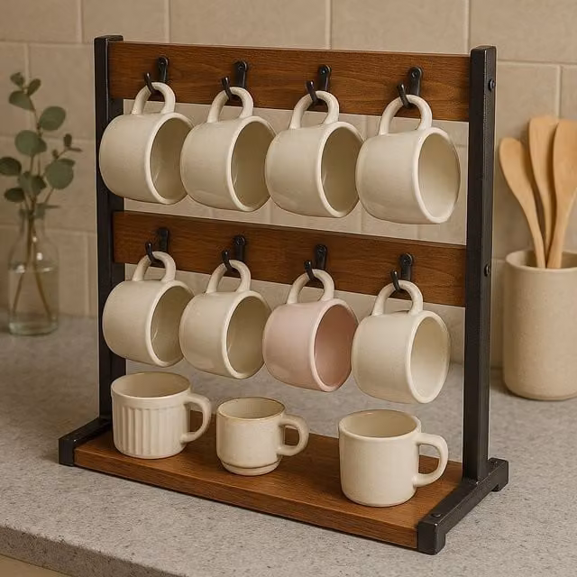 Rafaelo Mobilia Industrial Wooden Mug Holder Stand in Brown