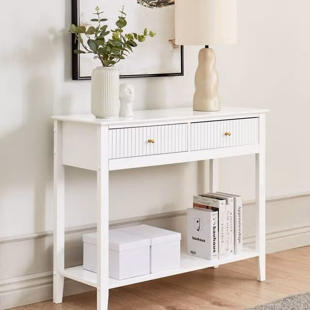 Wyld and Coco 2-Drawer Wall-Mounted Console Table in White MDF with Gold Handles W: 100 cm, D: 35 cm, H: 80 cm