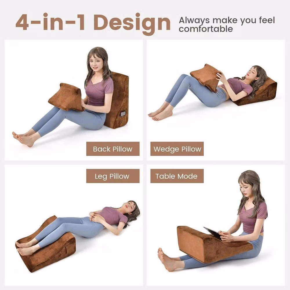 Kelvenix 4-in-1 Soft Wedge Pillow Set in Brown, Single Size, with Removable Cover for Neck, Shoulder, Back and Knee Support – 3
