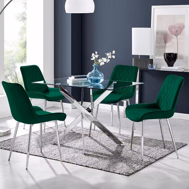 FurnitureboxUK Leonardo Rectangular Glass Dining Table and Four Pesaro Green Chairs with Silver Legs W/D/H: 120 x 70 x 75 cm