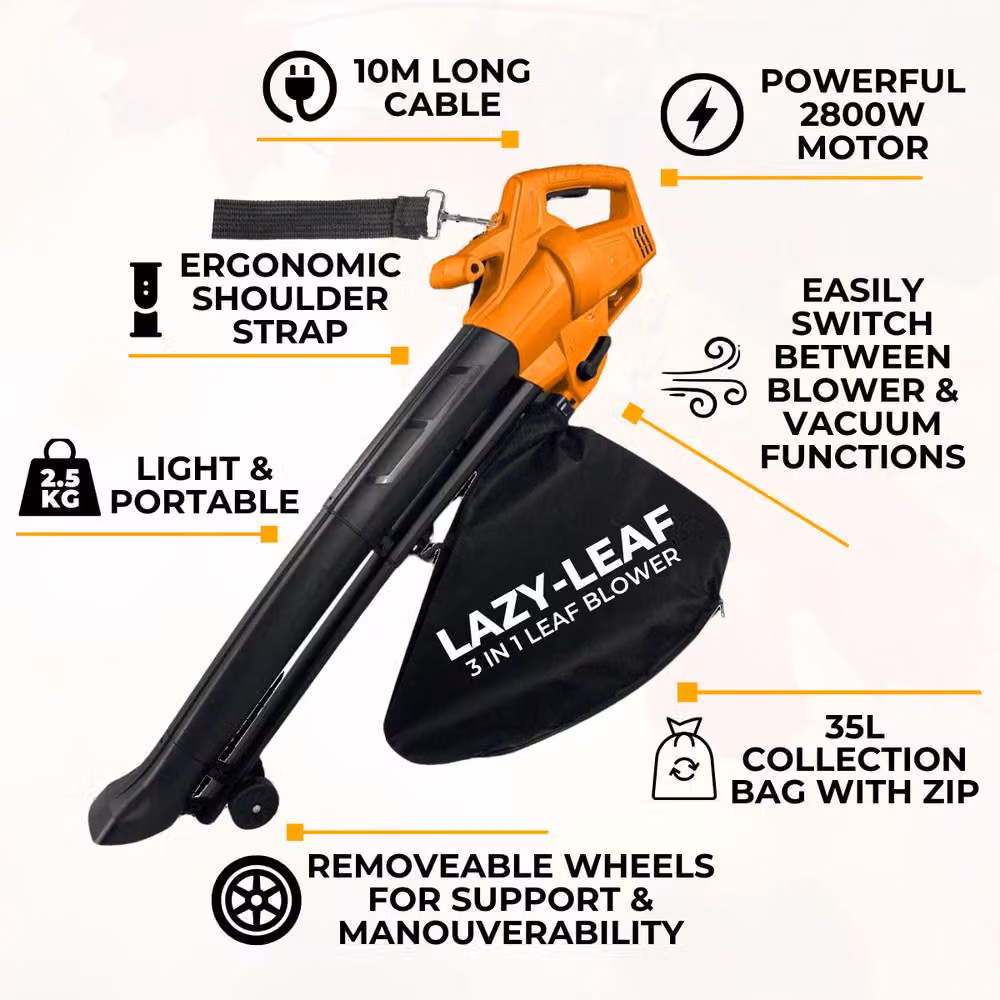 Lazy Tools Lazy-Leaf Electric Leaf Blower, Vacuum and Mulcher with 35L Bag, 2.6kg, Orange – 2