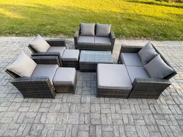 Fimous 8 Piece Rattan Garden Furniture Set in Dark Grey with Coffee Table and Ottomans