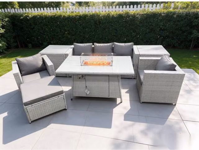 Fimous Modern Rattan Garden Furniture Set with Gas Fire Pit and Lounge Sofa Dining Set in Light Grey