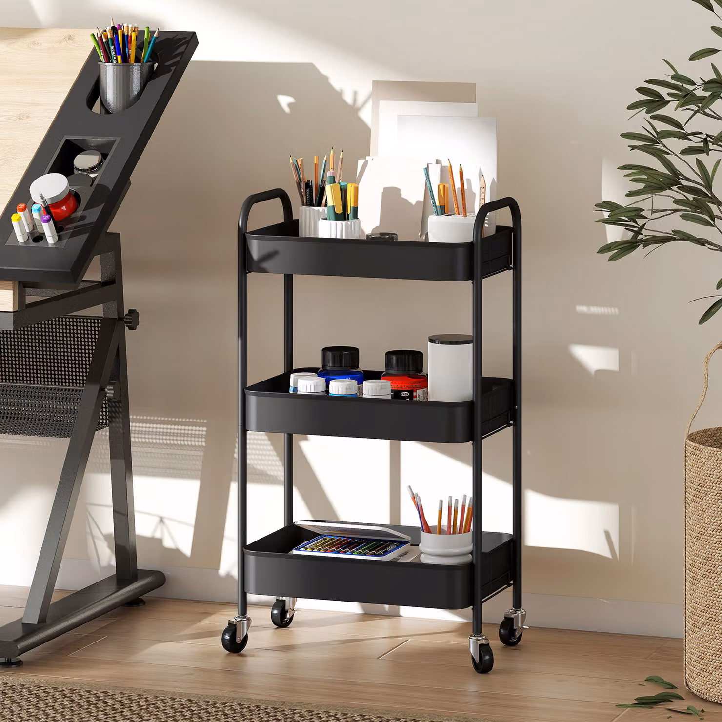 HOMCOM Three-Tier Black Metal Kitchen Storage Trolley – 6