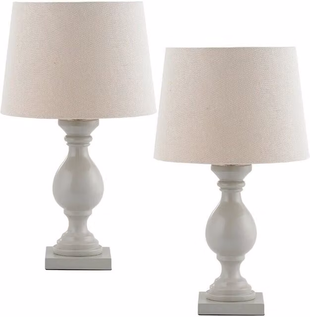 Loops 2 Pack Classic Wooden Table Lamps in White with Beige Fabric Shades H: 48 cm, W: 28 cm