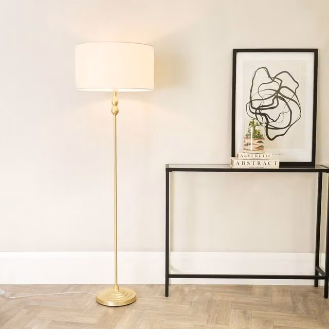 ValueLights Maggie Gold Metal Candlestick Floor Lamp with White Fabric Cylinder Shade and LED Bulb