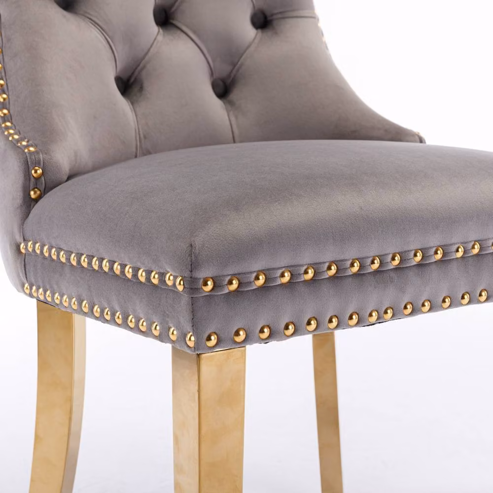 HomeTouch Set of 2 Grey Velvet Dining Chairs with Gold Metal Legs – 5