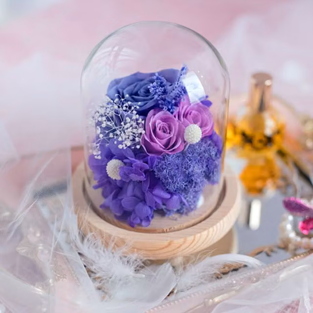 Livingandhome Glass Dome Cover with Wood Base, White and Purple, Diameter: 25 cm