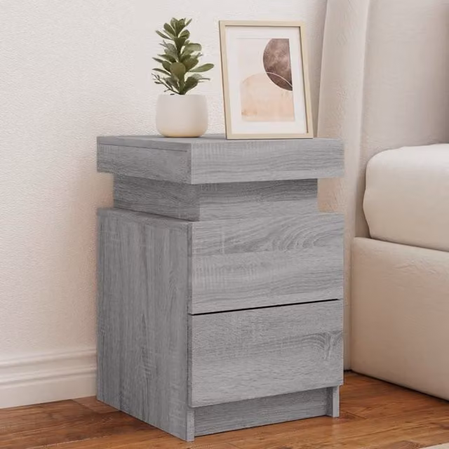 Berkfield Home Set of 2 Modern Grey Sonoma Bedside Cabinets with Integrated LED Lights, W/D/H: 35 x 39 x 55 cm