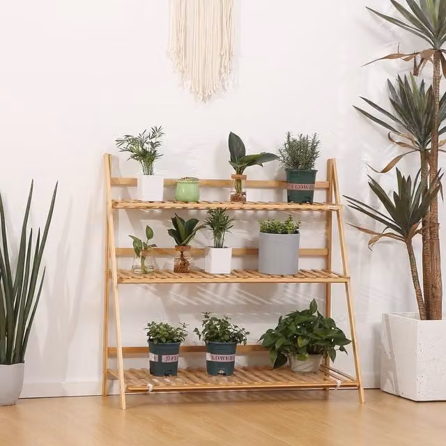 Outsunny 3-Tier Folding Bamboo Plant Stand, Brown/Beige Planter Display Shelf for Indoor and Outdoor Use, H 97 x W 100 x D 39 cm