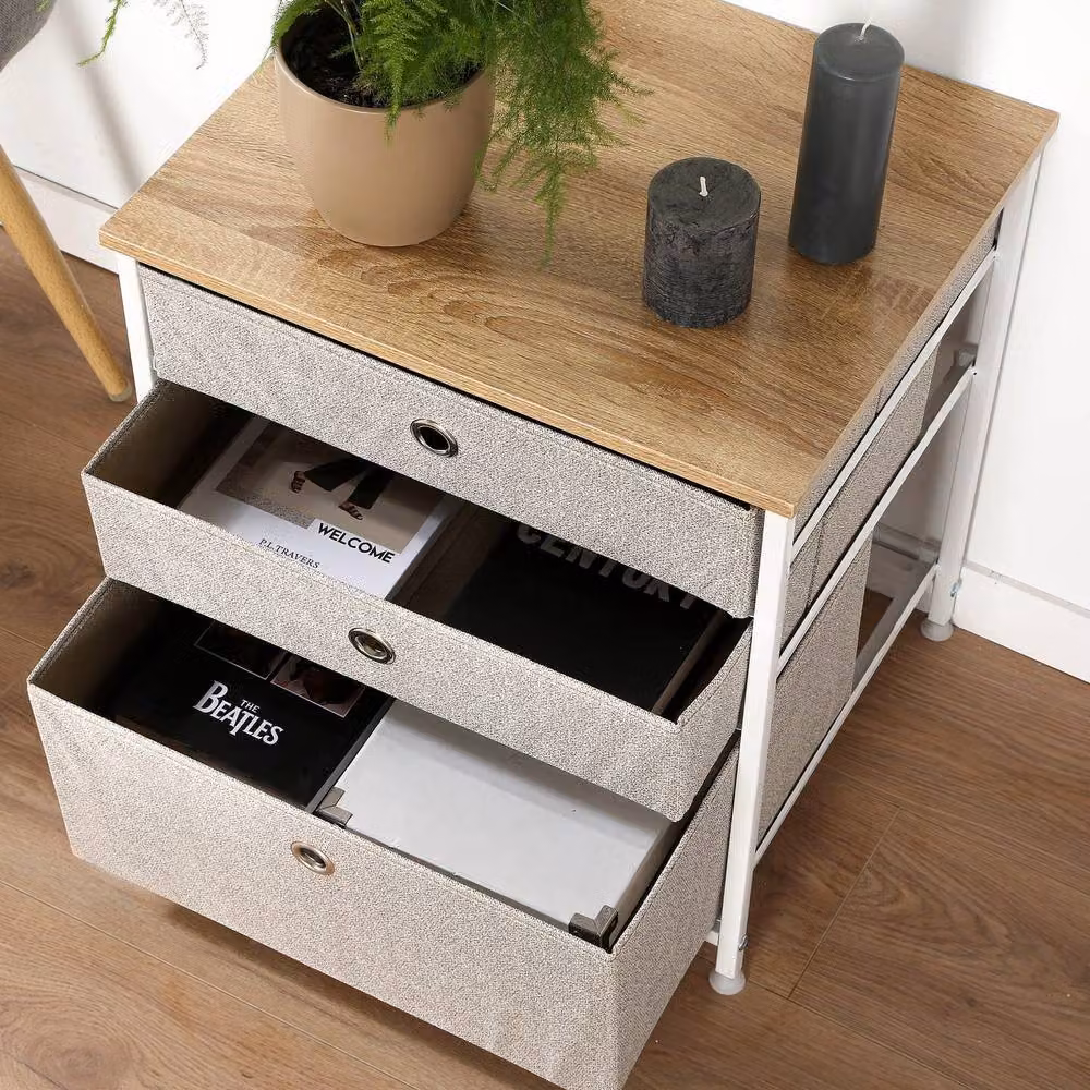 CALICOSY 3-Drawer Chest in White and Beige Non-Woven Fabric, W: 48 cm, D: 40 cm, H: 51 cm – 3