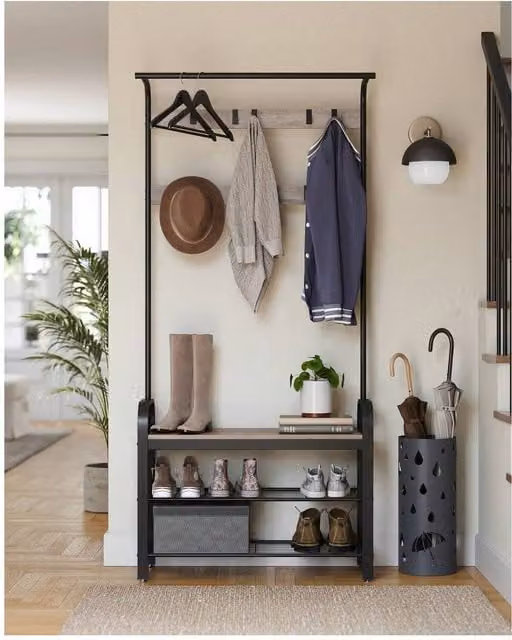 VASAGLE Industrial Hall Tree with Shoe Storage Bench and Coat Rack in Brown and Black