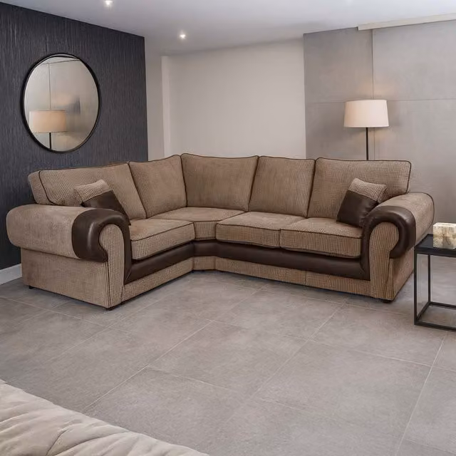 Furnishings For Less UK Portland 4 Seater L Shaped Corner Sofa in Beige Fabric and Synthetic Leather, Left Hand Facing – 1