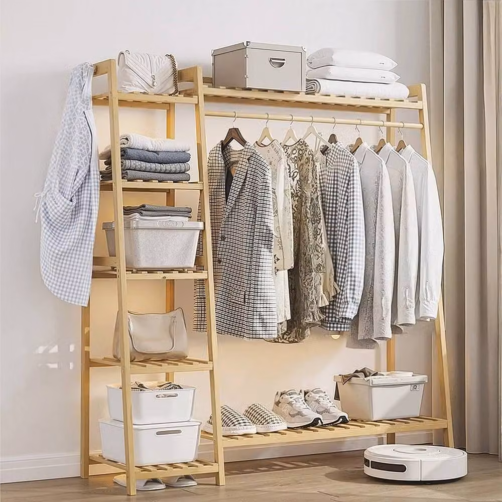 VOGREX Bamboo Garment Rack with Storage Shelves in Natural – 2