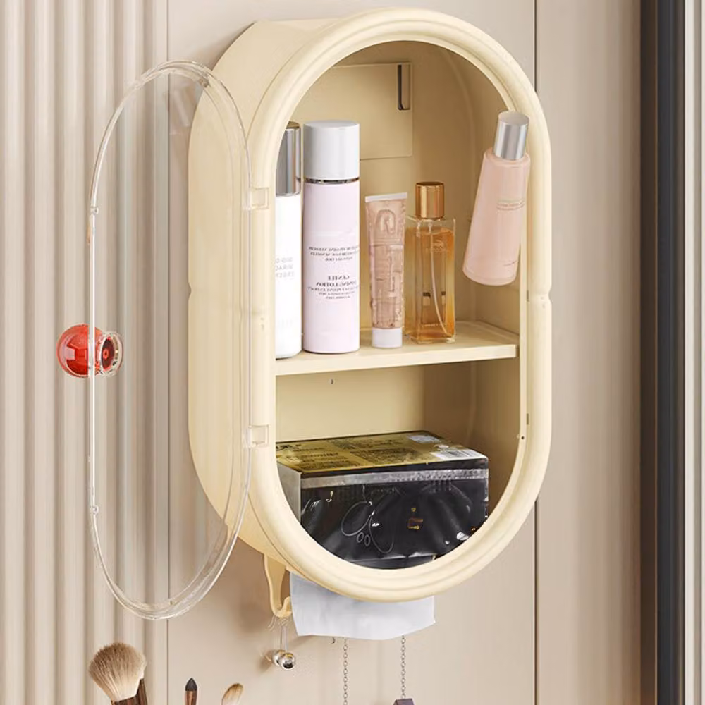 Living and Home 3-Tier Wall-Mounted Storage Rack with Door and Hooks in Beige – 2