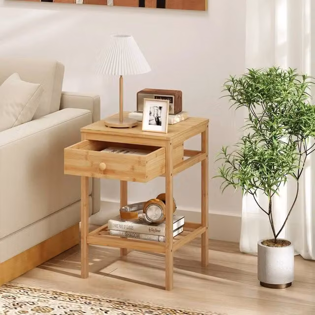 KORVIXA Set of 2 Bamboo Bedside Tables with Storage Drawer in Natural Brown – 1