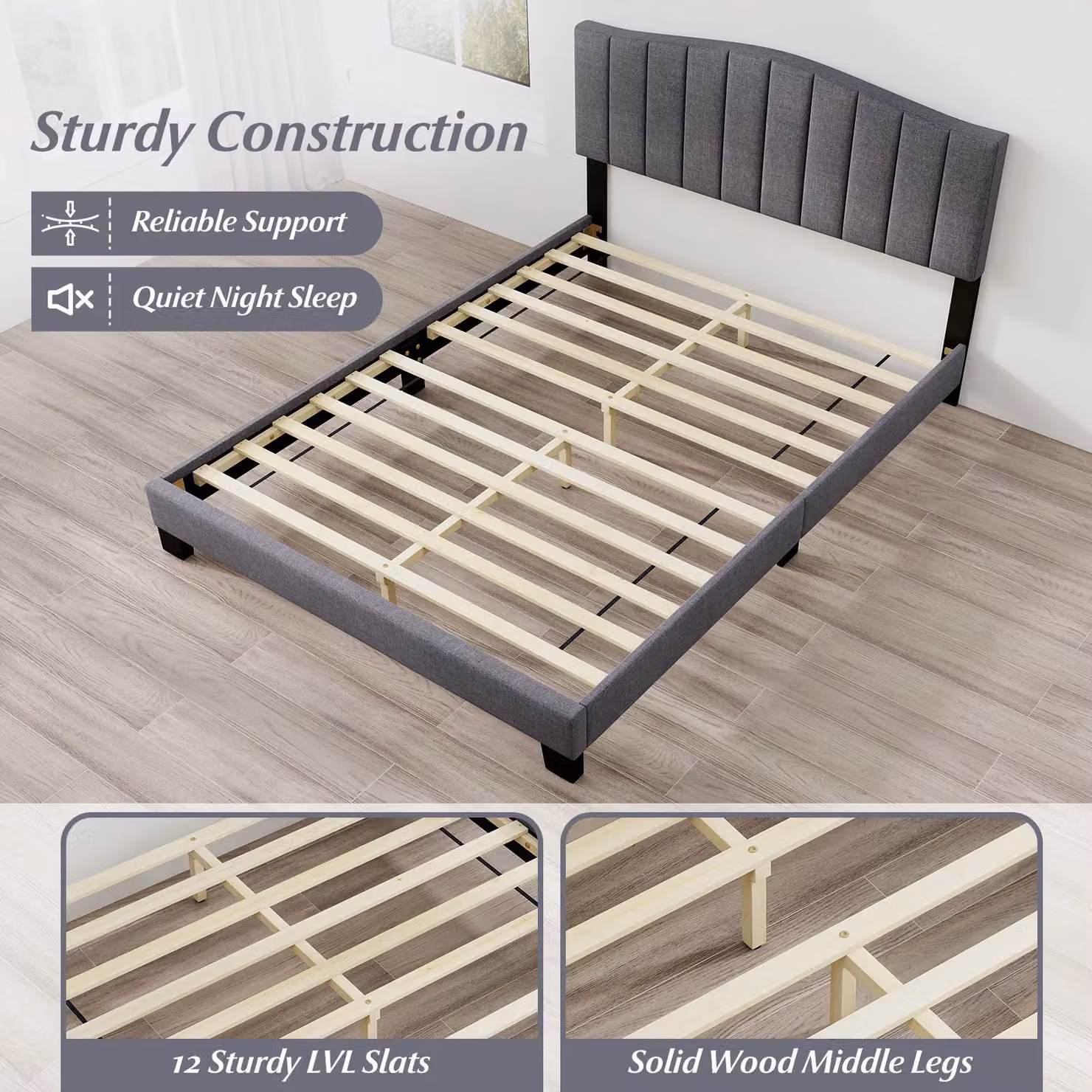 Costway Modern Upholstered Fabric Platform Bed Frame in Grey, W/D/H: 140 x 200 cm – 5