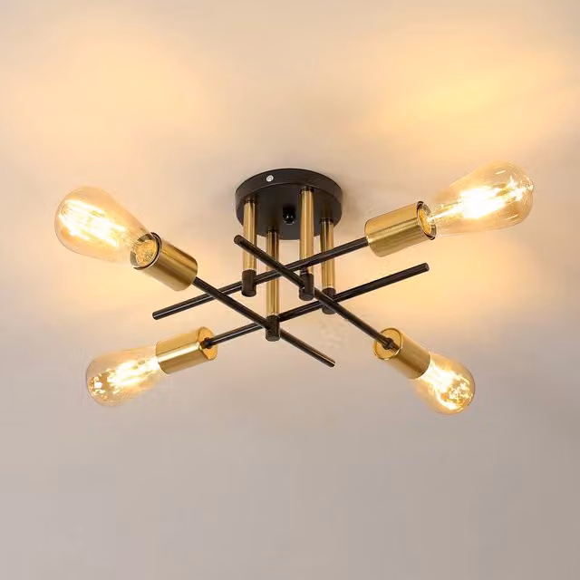 Pheashine Industrial 4-Light Flush Mount Ceiling Light in Black and Gold/Brass, Diameter: 41 cm