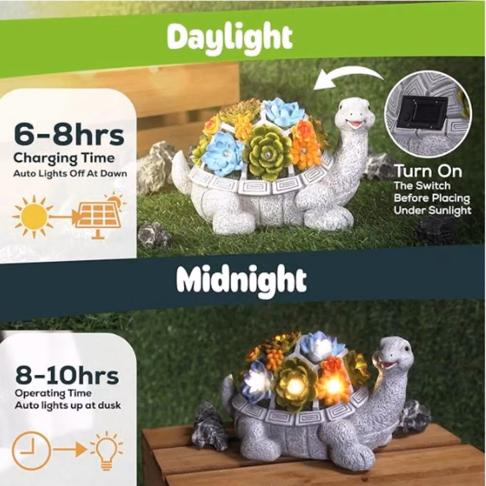 EONLION Grey Stone Turtle Garden Statue with Multicolour LED Lights – 2