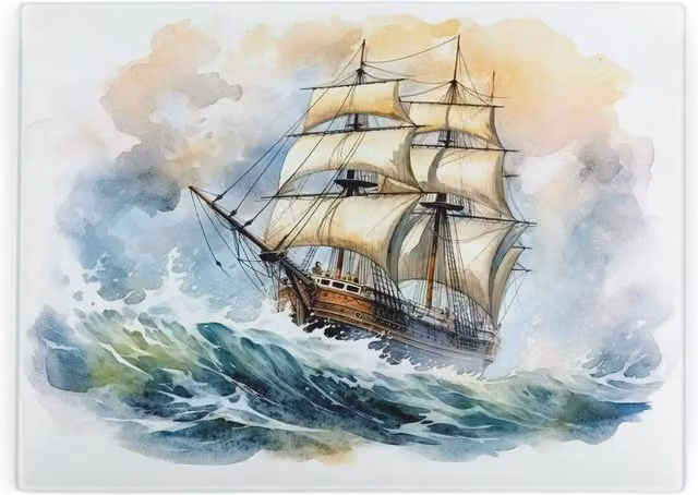 Purely Home Sailing Ship Rectangular Large Glass Worktop Protector and Kitchen Chopping Board in Blue and Multicolour