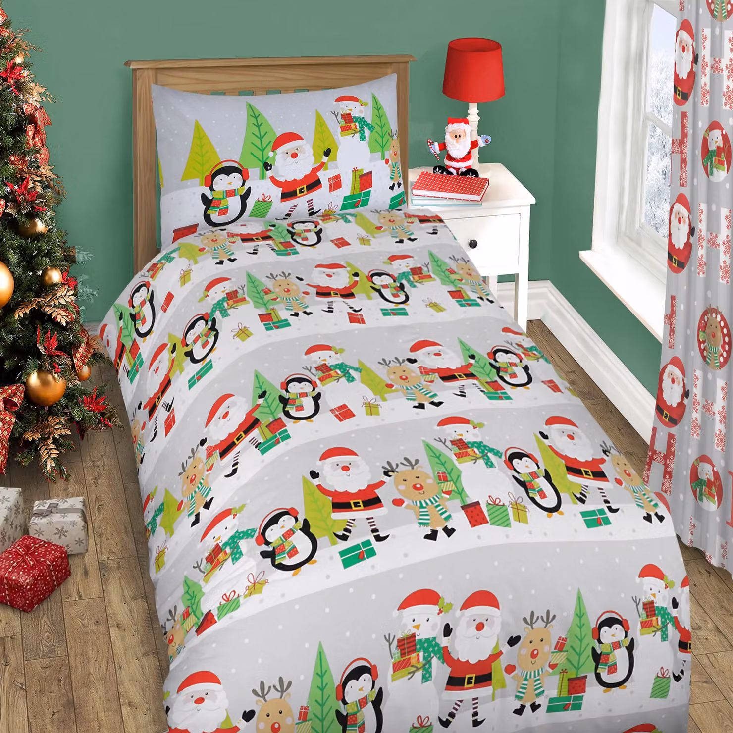 Velosso Xmas Ho Ho Red Cotton Rich Printed Duvet Cover and Pillowcase Set, W/D/H: 135 x 200 cm and 50 x 75 cm – 2
