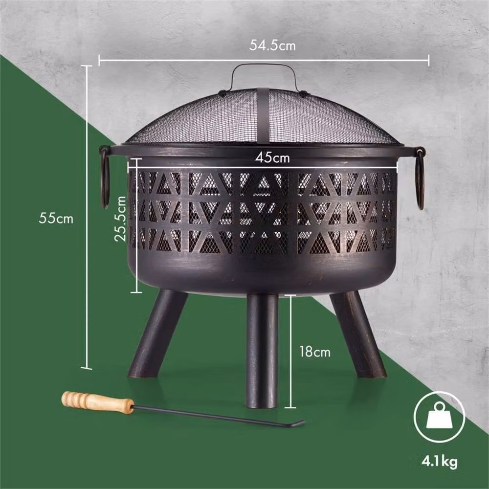 Nordara Geo-Style Metal Fire Bowl in Black with Spark Guard and Poker, Diameter: 100 cm, Height: 15 cm – 2