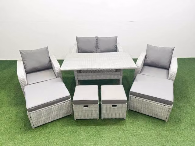 Fimous 8 Seater PE Rattan Lounge Sofa Set with Metal and Glass in Light Grey