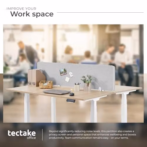 tectake Grey Sound-Absorbing Desk Divider with Plastic Core and Cable Management, W: 130 cm, H: 40 cm – 3