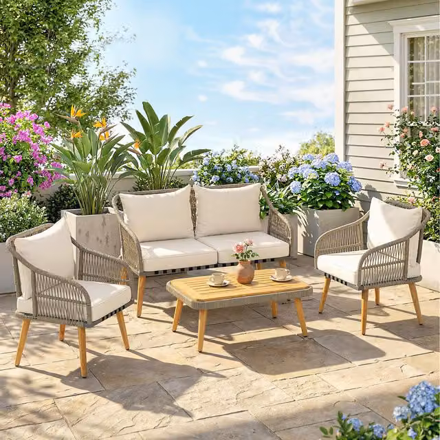 Outsunny 4 Piece Polyrattan Garden Furniture Set with Upholstered Cushions in Beige and White