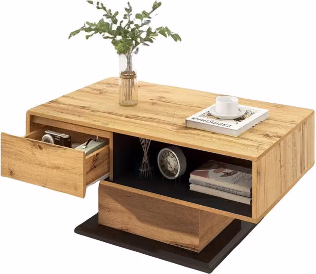 Pirlo Plush Rectangular Wooden Coffee Table with Storage Drawer in Brown Oak Finish