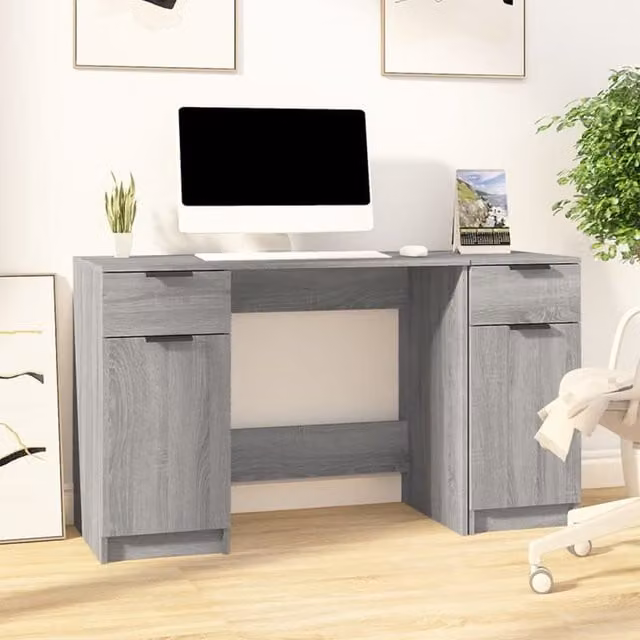 Berkfield Modern Writing Desk with Side Cabinet in Grey Sonoma MDF – 1