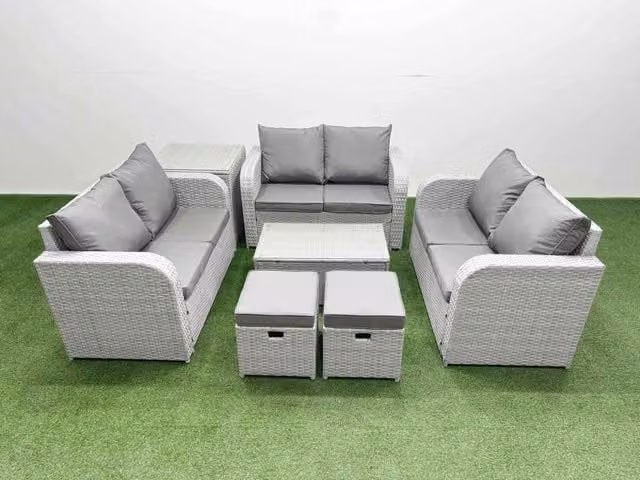 Fimous 8 Seater PE Wicker Rattan Garden Furniture Set in Light Grey with Rectangular Coffee Table, 2 Seater Love Sofa and 2 Stool Side Tables