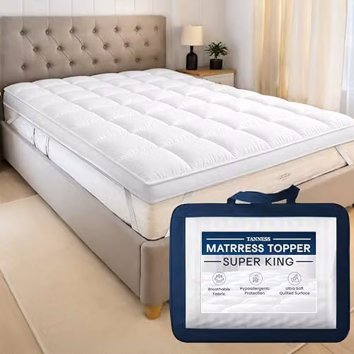 Tanness Super King Microfibre Mattress Topper, Soft and Breathable Quilted Design, White, W/D/H: 200 x 200 x 10 cm – 1