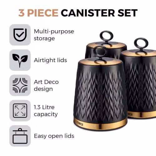 Tower Empire Set of 3 Airtight Geometric Metal Storage Canisters, 1.3L, Black and Bronze – 2