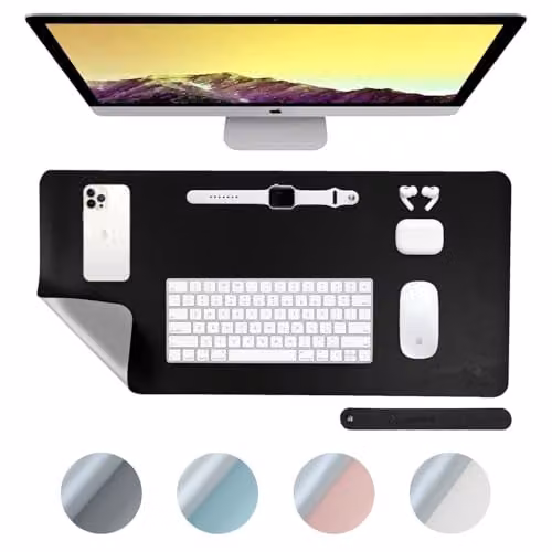 DesireTech Reversible Office Desk Mat, Waterproof Faux Leather Dual-Sided Table Protector and Mouse Pad, Black/Silver, W: 80 cm, D: 40 cm